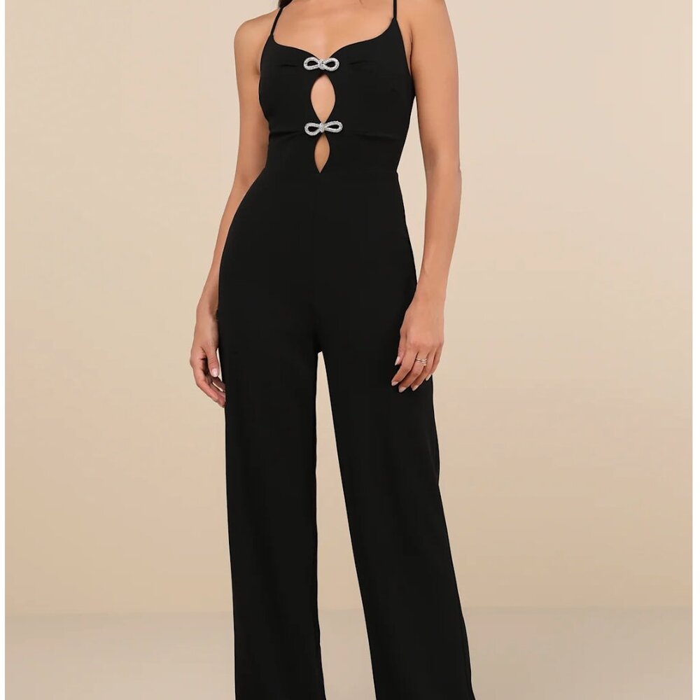 Lulus Gorgeous Favorite Black Cutout Rhinestone Bow Jumpsuit - Size XS